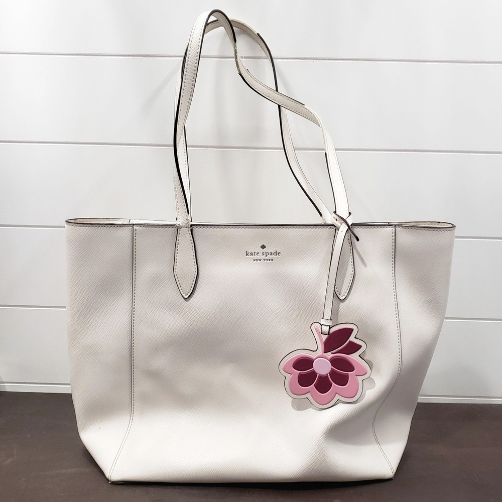 Kate Spade Laurel Way Reiley Tote Womens Large White Floral Charm Leather